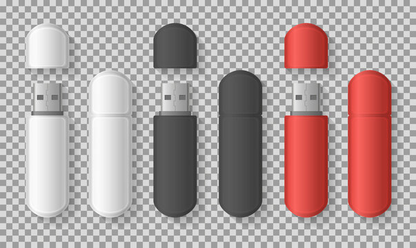 Vector set. USB flash drive. Top view. Vector isolated USB pen drives, white, black and red flash disks.
