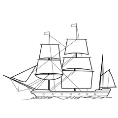 sketch of a sailboat, ship, coloring book, isolated object on a white background, vector illustration,