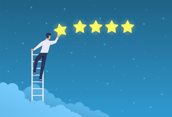 Customer rating. Businessman stands on ladder and gives five stars ranking. Quality product feedback, evaluation system app vector concept © YummyBuum