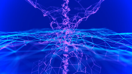 Purple dots and lines on a blue background. 3d rendering. Connection structure lines and dots. 3d rendering.