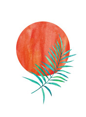 Watercolor red circle spot with green palm tree leaf