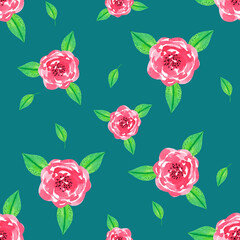 Watercolor seamless pattern with red roses, on green background