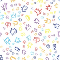 King crown sketches. Hand drawn seamless pattern with various crowns, majestic tiara, beautiful diadem, royal imperial coronation symbols on white. Vector isolated elements