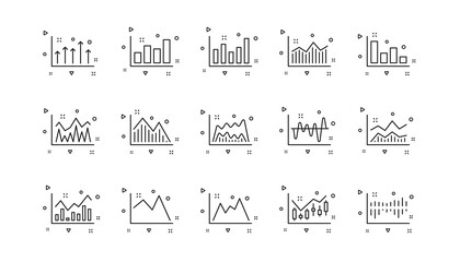 Candlestick graph, Infochart and Report diagram. Charts and graphs line icons. Presentation linear icon set. Geometric elements. Quality signs set. Vector