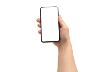 Smart phone in man hand isolated on white background.  White screen.