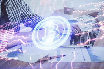 Blockchain theme hud with man working on computer on background. Concept of crypto chain. Double...