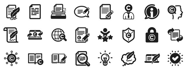 Set of Copyright protection, Signature and Feedback icons. Copywriting book icons. Typewriter, Idea and message copywriting. Write book, legal copyright, content author. Light bulb. Vector