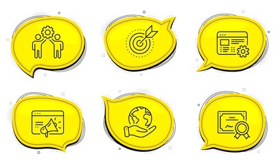 Web settings sign. Diploma certificate, save planet chat bubbles. Seo marketing, Target purpose and Employees teamwork line icons set. Megaphone, Business focus, Collaboration. Vector