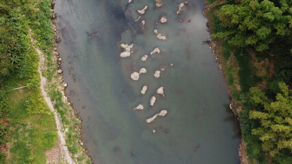 aerial view of a traditional sand mining site on the Opak river. Yogyakarta Indonesia