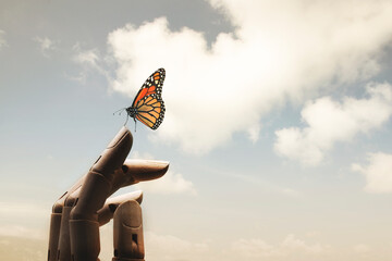 surreal encounter between a wooden hand and a colorful butterfly © Cristina Conti