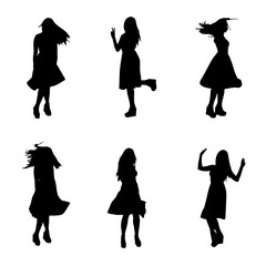 Silhouettes set of dancing carefree young happy woman in swaying dress and tossing long hair. Easy editable layered vector illustration. 