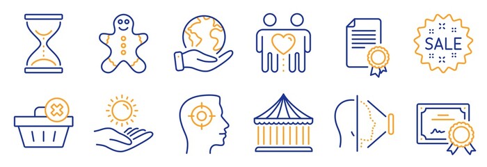 Set of Business icons, such as Sun protection, Time hourglass. Certificate, save planet. Face id, Friends couple, Certificate. Recruitment, Sale, Delete order. Vector