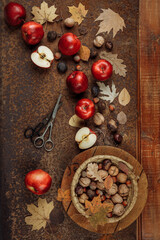 Autumn still life with red apples and nuts on an old iron background. The view from the top.