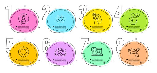 Heart target, Human resources and Wedding rings signs. Timeline steps infographic. Heart, Medical help and Wash hands line icons set. Thoughts, Customer survey symbols. Love, Medicine laptop. Vector