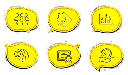 Employees teamwork sign. Diploma certificate, save planet chat bubbles. Survey results, Cutting board and Group line icons set. Best answer, Knife, Developers. Collaboration. Business set. Vector