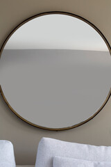 Big round mirror in living room modern interior, retro luxury oval mirror new design