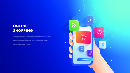 Flat illustration 3d Toko online dan online shopping, dengan desain 3D elegant bersih. Vector