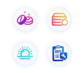 Recovery server, Sunset and Medical tablet icons simple set. Button with halftone dots. Spanner sign. Backup data, Sunny weather, Medicine pill. Repair service. Business set. Vector