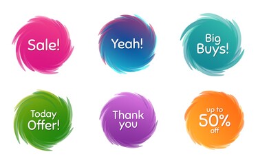 Swirl motion circles. Sale, 50% discount and today offer. Thank you phrase. Sale shopping text. Twisting bubbles with phrases. Spiral texting boxes. Big buys slogan. Vector
