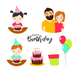 Vector set of family who celebrate a birthday. A girl blows out candles, a boy blows out candles on a cake. Parents are hugging. A fun family holiday. Gifts, cake, balls.
