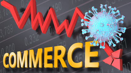 Covid virus and commerce, symbolized by a price stock graph falling down, the virus and word commerce to picture that corona outbreak impacts commerce in a negative way, 3d illustration