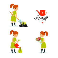 Vector set with a gardener girl. A beautiful girl is planting flowers, watering flowers, collecting a bouquet. Ecology. Summer. Work in the garden. Florist. Cartoon character. Cartoon woman
