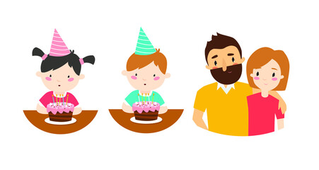 Vector set of family who celebrate a birthday. A girl blows out candles, a boy blows out candles on a cake. Parents are hugging. A fun family holiday. 