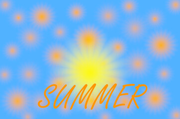 Fototapeta na wymiar Summer, yellow sun, orange shapes of various sizes, on a blue background, space for text