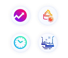 Time, Audit and Sun cream icons simple set. Button with halftone dots. Bumper cars sign. Clock, Arrow graph, Face lotion. Carousels. Business set. Gradient flat time icon. Vector