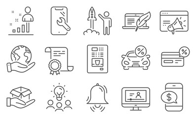 Set of Technology icons, such as Phone payment, Smartphone repair. Diploma, ideas, save planet. Launch project, Car leasing, Online video. Coffee vending, Seo marketing, Cashback. Vector