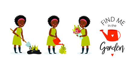 Vector set with a gardener girl. Beautiful african american woman is planting flowers, watering flowers, collecting a bouquet. Ecology. Summer. Work in the garden. Florist. Cartoon character.