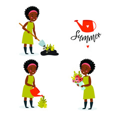 Vector set with a gardener girl. Beautiful african american woman is planting flowers, watering flowers, collecting a bouquet. Ecology. Summer. Work in the garden. Florist. Cartoon character.