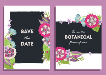 Vector set of floral frames for wedding, anniversary, birthday and party. Design for banner, poster, card, invitation and scrapbook, discount card. Printed products. Abstract flowers with a stroke of 