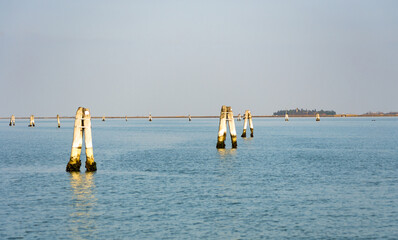 The natural lanscape of the Venice lagoon seen from a boat that took me to Murano, the wooden poles...