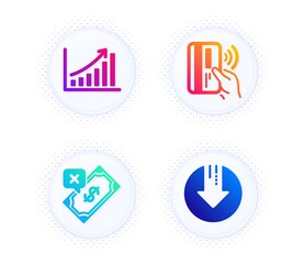 Rejected payment, Contactless payment and Graph chart icons simple set. Button with halftone dots. Download arrow sign. Bank transfer, Bank money, Growth report. Crisis. Finance set. Vector