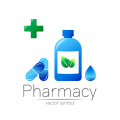 Pharmacy vector symbol with blue bottle and cross, green leaf and drop, pill capsule for pharmacist, pharma store, doctor and medicine. Modern design vector logo on white. Pharmaceutical icon logotype
