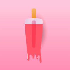 Strawberry ice cream melted on pink background