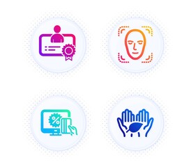 Online shopping, Face detection and Certificate icons simple set. Button with halftone dots. Fair trade sign. Black friday, Detect person, Best employee. Safe nature. People set. Vector