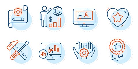 Online video, Employee hand and Employees wealth signs. Hammer tool, Cogwheel blueprint and Candlestick chart line icons set. Positive feedback, Ranking star symbols. Outline icons set. Vector