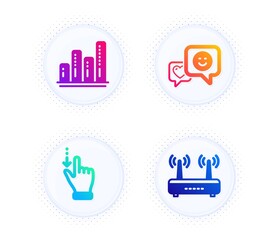 Graph chart, Smile and Touchscreen gesture icons simple set. Button with halftone dots. Wifi sign. Growth report, Socila media, Slide down. Internet router. Technology set. Vector