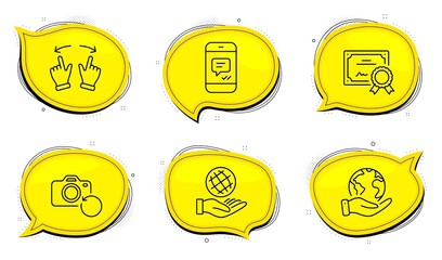 Safe planet sign. Diploma certificate, save planet chat bubbles. Move gesture, Recovery photo and Message line icons set. Swipe, Backup data, Phone messenger. Ecology. Business set. Vector