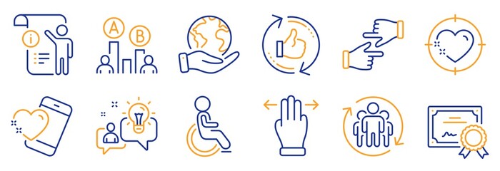 Set of People icons, such as Disabled, Heart target. Certificate, save planet. Refresh like, Idea, Teamwork. Heart, Multitasking gesture, Ab testing. Manual doc, Click hands line icons. Vector