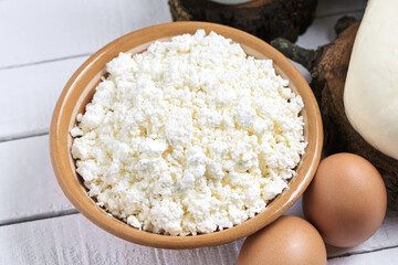 Cottage cheese and dairy products on a white background