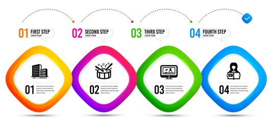 Woman read, Drums and Online video icons simple set. Timeline infographic. Buildings sign. Girl studying, Drumsticks, Video exam. City architecture. Business set. Vector