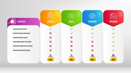 Euro money, Credit card and Loan percent line icons set. Pricing table, price list. Money exchange sign. Receive cash, Mail, Piggy bank. Eur to usd. Finance set. Vector