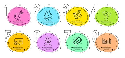 Target, Bar diagram and Euro money signs. Timeline steps infographic. Report statistics, Hot sale and Credit card line icons set. Loyalty points, Wind energy symbols. Vector