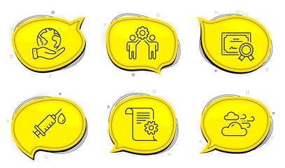 Technical documentation sign. Diploma certificate, save planet chat bubbles. Employees teamwork, Medical syringe and Windy weather line icons set. Collaboration, Vaccination, Cloud wind. Vector