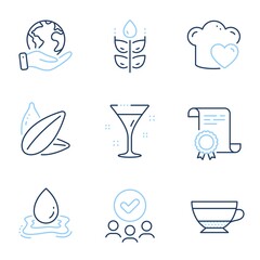 Gluten free, Sunflower seed and Water splash line icons set. Diploma certificate, save planet, group of people. Love cooking, Cocktail and Dry cappuccino signs. Vector