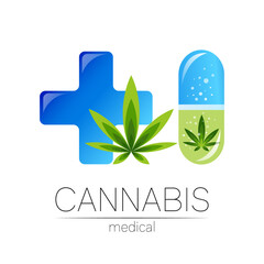 Cannabis in the tablet pill capsule with cross vector logotype for medicine and doctor. Medical marijuana symbol. Pharmaceuticals with plant and leaf for health. Concept sign of green herb.