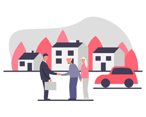 Independent living of senior couple concept vector illustration. Senior couple with a realtor buying a house in the retirement community in a cozy and warm atmosphere with park and plants